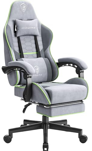 Dowinx Gaming stol kontorsstol tyg väska vår kudde, justerbar gamerstol tyg med nackstöd, ergonomisk kontorsstol med fotstöd (grå och grön)
