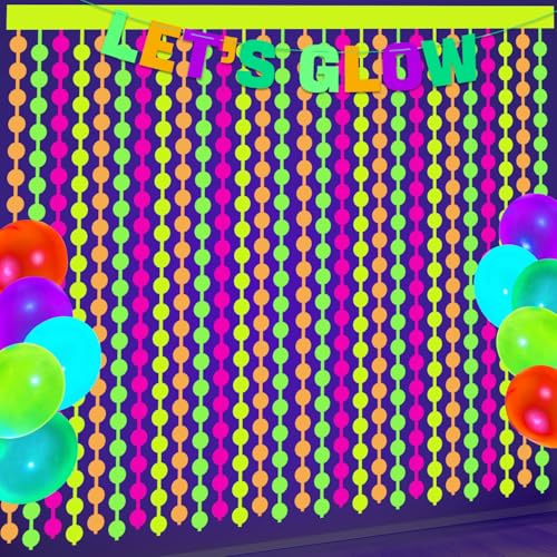 Neon Party Decorations - 2 Pcs Colorful Fluorescent Circle Tinsel Curtains Neon Streamers for Glow in the Dark Party Supplies Photo Booth Prop Backdrop Streamer