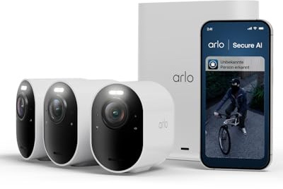 Arlo Ultra 3 Security Camera Outdoor Wireless, 4K UHD, 180 View, AI Detection, Auto Tracking, Colour Night Vision, CCTV, Arlo Secure Trial Included, 3 Cameras with Smarthub for Local Storage, White