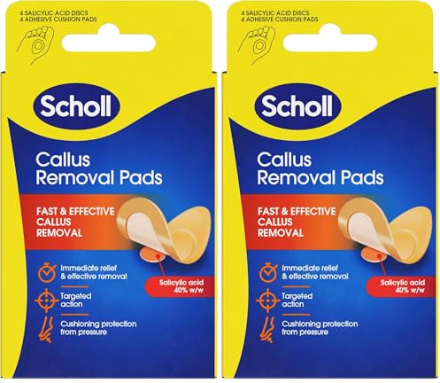Scholl Callus Remover Pads for Feet - Targeted Action with 4 Salicylic Acid Discs and 4 Adhesive Cushion Pads for Fast & Effective Callus Removal, Soft Pads for Immediate Protection from Rubbing
