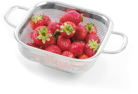 HENDI Passoire de cuisine, egouttoir, tamis pour la cuisine et le lavage des pâtes, des nouilles, des fruits, des légumes, des salades, carré, perforée, avec base et 2 poignées, 290x218x(H)80 mm, Inox
