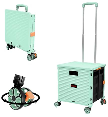 Hopfällbar shoppingvagn med låda på hjul med lock, slitstarka ljudlösa 360° roterande hjul och justerbart starkt handtag i aluminiumlegering, hopfällbar varuvagn, 45 kg (99 pund), bärbar hållbar vagn