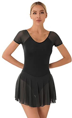 iEFiEL Damen Ballettkleid Kurzarm Ballettanzug Patchwork Ballettkleidung Basic Tanzkleid Rückenfrei Ballett Trikot Wickelrock Schwarz M