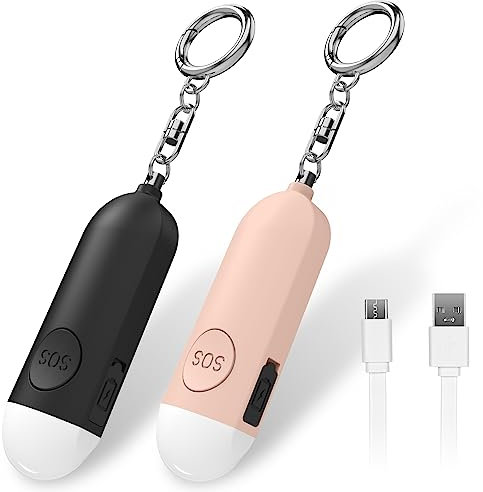 Qoosea 2 Sirène Personnelle Alarme Safesound Sirène de Sécurité Personnelle Rechargeable Sirène 130DB Alarme de Sécurité de Panique Approuvée par la Police avec Lumière LED Porte-clés d'auto-défense