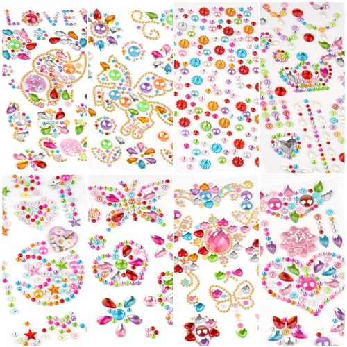 8 Sheets Gem Stickers, Self-Adhesive Gems for Crafting, Acrylic Colourful Glitter Stickers Sticky Gems for DIY Craft Face Decoration