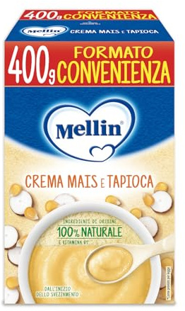 Mellin - Crema Mais e Tapioca - Alimento con vitamina B1, per Bambini dal 4° mese Compiuto - 1 Confezione da 400 gr