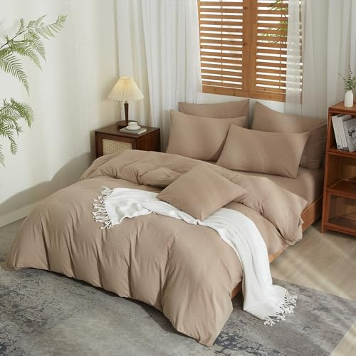 YASMENG Copripiumino Mezza Lino 220 x 240 Marrone – Parure da letto in misto cotone e lino, morbido, traspirante, morbido, biancheria da letto per 2 persone, con cerniera e federe, 65 x 65 cm
