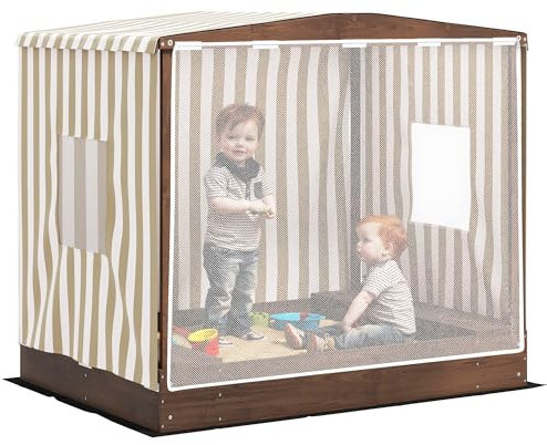AIYAPLAY Sabbiera con tettoia e porta in rete, 142 x 101,5 cm Sabbiera in legno con panchina, spazio per riporre i bagagli, protezione del pavimento, per 4 bambini 3-6 anni Marrone