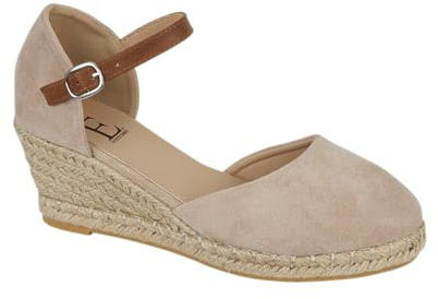 Shoes By Emma Women's Faux Suede Peep Toe Elasticated Slingback Hessian Espadrille Wedge Sandals (Beige, UK Footwear Size System, Adult, Women, Numeric, Medium, 6)