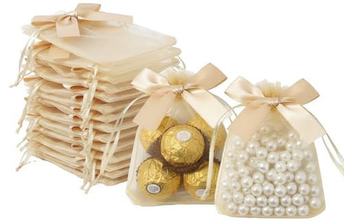 30 stycken organzapåsar bröllopspåsar små med båge och dragsko 9 x 12 cm för bröllop, presentpåsar, födelsedagspresenter, jul (guld)