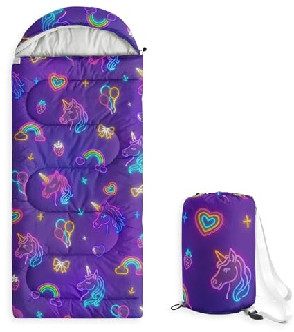 Wake In Cloud - Unicorn Kids Sleeping Bag for Girls Toddlers, Camping in Warm Cold Weather, Backpacking Lightweight Compact Outdoor Liner for 3 Seasons Summer Spring Fall, Neon Purple