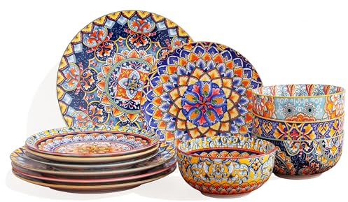 12-Piece Bohemian Style Porcelain Dinnerware Set - 8.5 Inch / 10.5 Inch Plates & 6 Inch Bowls, Dinnerware Set for 4, Microwave and Dishwasher Safe, Scratch and Wear Resistant, Kitchen Tableware