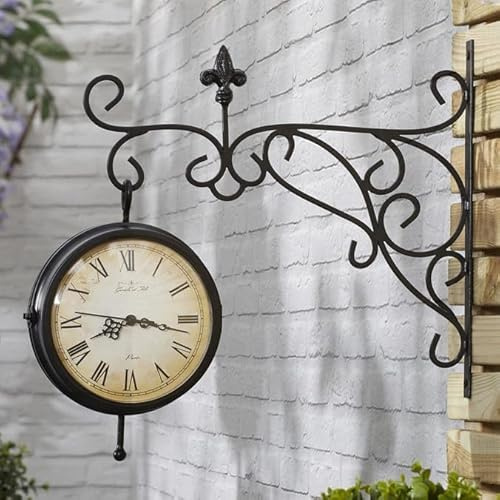Garden Station Clock with Thermometer Bracket Double Sided with Waterproof Cover, Vintage Antique-Look Wall-Mounted for Indoor & Garden, Hanging Décor, Premium Metal Materials, Black