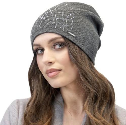 Vivisence Gorro De Otoño Invierno Para Mujer Elegante Para Damas Con Corte Clásico Hecho De Hilo Cálido Decorado Con Circonias Cúbicas Y Ajuste Perfecto Ideal Días Fríos 7011, Gris Oscuro,Talla Única