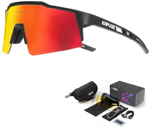KAPVOE Polarisiert Fahrradbrille mit 4 wechselgläser TR90 Rahmen für Herren Damen Sport Radfahren MTB Sportsonnenbrille Radbrille Sportbrille Fahren Angeln Baseball Laufen 02 Rot Schwarz