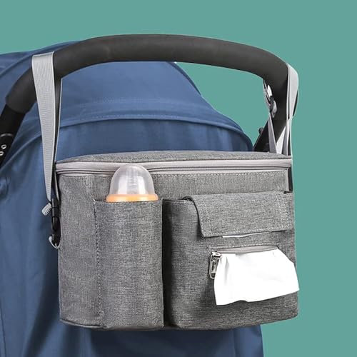 Kinderwagen Organizer,Buggy Kinderwagentasche,Universal-Multifunktions Kinderwagen Organizer Tasche mit Verstellbarer Riemen,Kinderwagen hängende Aufbewahrungstasche für Zubehör Kinderwagen(grau)