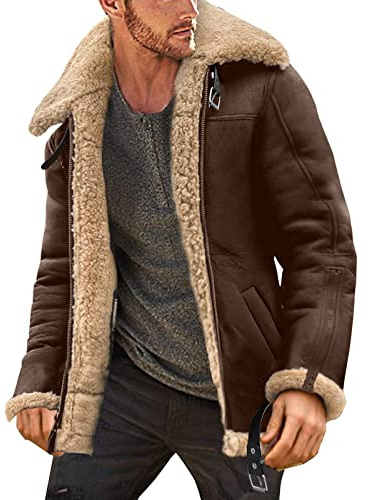 L9WEI Chaqueta para hombre, abrigo de cuero vintage para hombre, chaqueta de gamuza cálida de manga larga, chaqueta de cuero sintético, abrigo grueso con cuello de piel, marrón, XL