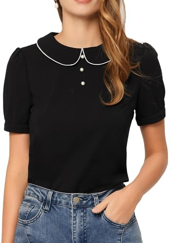 Allegra K Blusa de Manga Corta con Cuello Peter Pan y Ribete en Contraste para Mujer Negro M