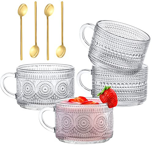 Ulrikco Vintage Glass Coffee Mugs with Spoons Set of 4, 14 Oz Clear Coffee Cups with Handle, Embossed Iced Coffee Glasses, Cute Coffee Bar Accessories for Iced Coffee, Tea, Latte, Gift