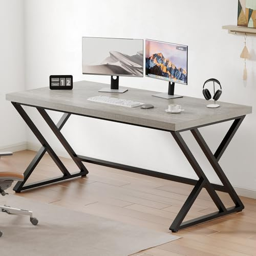 LVB Scrivania da computer per ufficio grigia, scrivania da gioco in legno industriale grigia per casa e ufficio, tavolo da studio in legno moderno e metallo per camera da letto, scrivania da scrittura