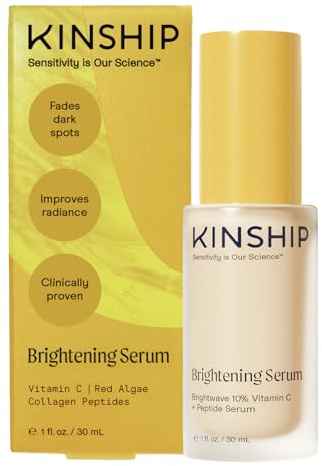 Kinship Brightwave 10% Vitamin C + Peptide Serum - Fade Dark Spots, Reduces Fine Lines and Frizes, Bright, Plump & Smooth Face, Vegan Collagen, Anti-Ageing Skincare - All Skin Types (1 fl oz)