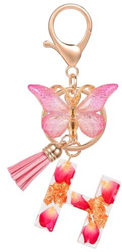 MWOOT Portachiavi con Iniziale,Initial Portachiavi Resina Lettera H,Alfabeto Keyring con Ciondolo di Nappe Farfalla,Portachiavi Charm con Petali Rosa Donna Borsetta Portafoglio Decorazione(H)