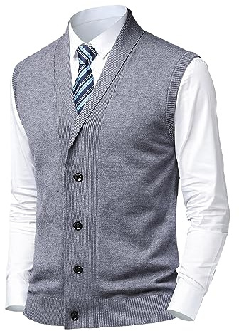 Harbrosrce Gilet da uomo lavorato a maglia, casual, con colletto a scialle, senza maniche, con bottoni, Grigio, M