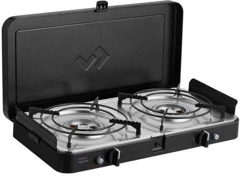 CADAC 2 Cook 3 Turbo Stove 30mBar – Réchaud à Gaz 2 Brûleurs avec Allumage Piézo & Sécurité FFD, Pour l'Extérieur, Supports & Sac Inclus – Barbecue de Table Noir