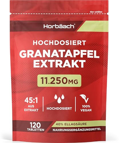 Granatapfel Extrakt 11.250mg je tablette | 40% Ellagsäure (45:1 Extrakt) | 4 Monate Vorrat - 120 Vegane Tabletten | Hochdosiert | von Horbaach