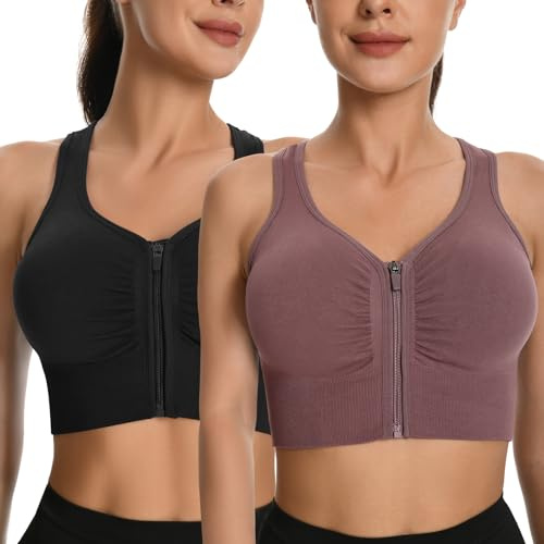 dowskwx 2 Pezzi Reggiseno Sportivo Donna Alto Impatto Cerniera Frontale, Push Up Sport Bra Reggiseni Sportivi Senza Ferretto Senza Cuciture con Imbottito (Nero Viola, S)