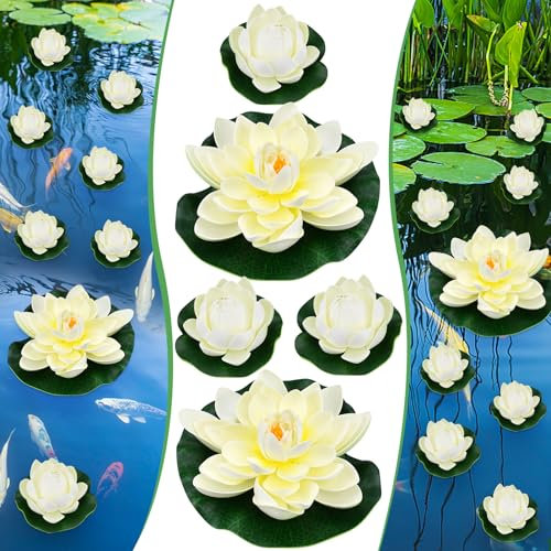 EMAGEREN Lot de 5 Fleurs Flottantes 10cm&18cm Nénuphar Artificiel Lotus NymphéAs Artificiels Ornement Flottant Fleur de Lotus Mousse Flottante Plantes pour piscines, Aquariums, scènes de ruisseau