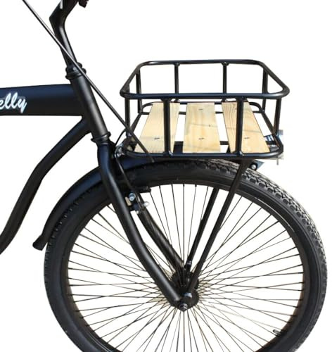 TentHome Bicycle Front Basket with Front Wheel Pannier Rack, Wooden Retro Bicycle Front Carrier Holland for City Road Commuter Bike Cycling Accessoris Panniers (Black)