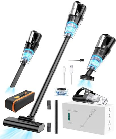 Vbrisi Akku Handstaubsauger,4-in-1 Multifunktionaler Staubsauger Kabellos 7500Pa Autostaubsauger Mit Lichtfunktion Aufbewahrungstasche,Nass &Trocken für den Tierhaare/Auto/Zuhause (Schwarz)