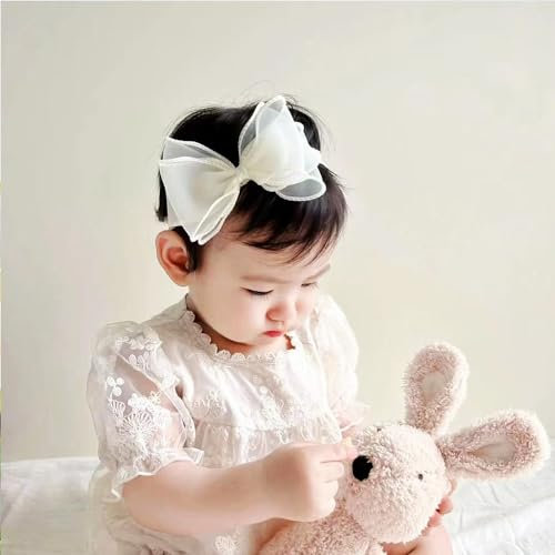 Baby Mädchen Stirnbänder Weiß Dehnbare Stirnband Doppelspitze Spitzebowknot-Haarband Weich Baby Hairband Neugeboren Haarschmuck Babygeschenke für Neugeborene（Beige Schleife）