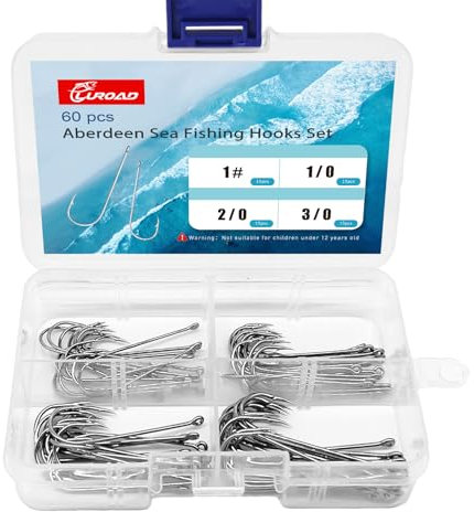 Luroad 60 Stück Aberdeen Angelhaken, Große Aberdeen Haken Widerhaken, Lange Schaft Haken Breite Öffnung Größe 1#, 1/0, 2/0, 3/0, Leichter Draht Angelhaken Hochkohlenstoffhaltiger Stahl