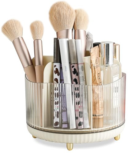 Veki 360°Rotating Makeup Brush Holder Organizer, Makeup Organiser for Dressing Table, Cosmetic Brush Holder for Bathroom and Vanity, Cosmetic Brushes Container Storage for Lipstick Eyeliner (Beige)