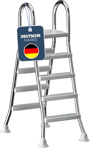 Poolomio® Échelle de piscine en acier inoxydable avec barre de maintien jusqu'à 132-140 cm | Échelle d'entrée avec 4 marches pour piscines hors-sol jusqu'à 1,40 m de hauteur | entrée sécurisée