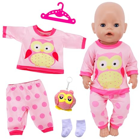Babydockkläder för 14-18 tums docka, babydocka tillbehör för 35-45 cm dockor, söta dockkläder med uggla docka, uggla topp och byxor, strumpor och hängare, rosa dockkläder för barn födelsedag