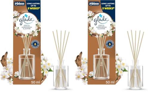 Glade Reed Diffuser, Home Fragrance Infused with Essential Oils, Room Air Freshener With Up to 5 Weeks of Continuous Fragrance, Sandalwood & Jasmine, 50ml (Pack of 2)