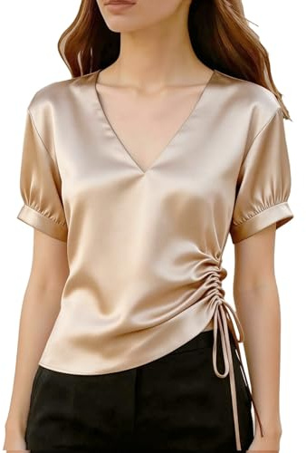 CGGMVCG Blusa de seda satinada para mujer, manga corta, cuello en V, casual, holgada, fruncida, con cordón lateral, lisa, elegante