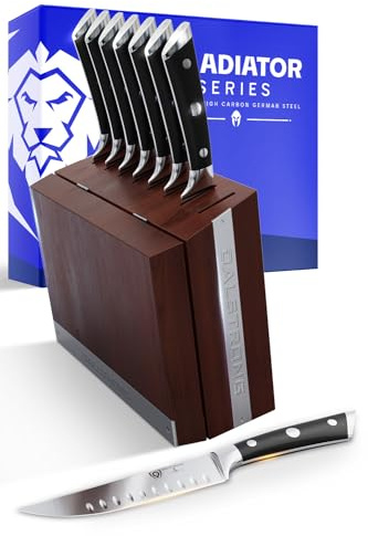 Dalstrong Steak Knife Set - 8 Piece - 5 inch Straight Edge Blade - Gladiator Series Elite - Forged High-Carbon German Steel Dinner Kitchen Knife - Black G10 Handle - Folding Block Set - NSF Certified