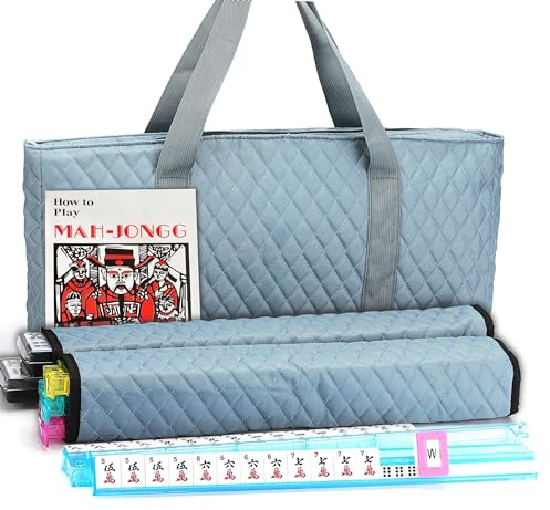 American Mahjong Game Set - Pearl Gray Quilted Soft Bag - 166 White Engraved Tiles, 4 All-in-One Rack/Pushers Complete Western Mah-Jongg, Maj Jongg, Ma Jong Set