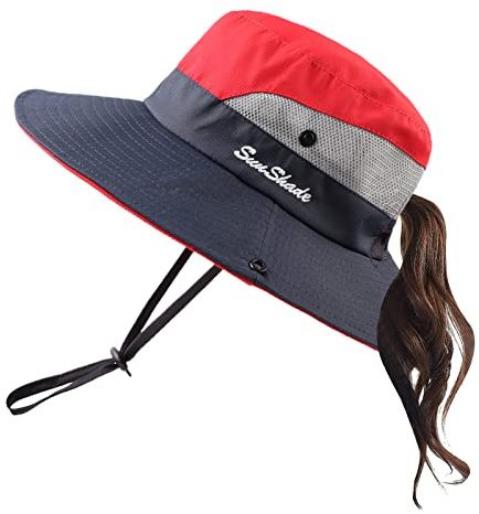 Pesaat Chapeau de Soleil pour Femme l‘extérieur Chapeau D'été Large Borde Adulte Bonnet avec Cordon (Adulte,Rouge-Gris)