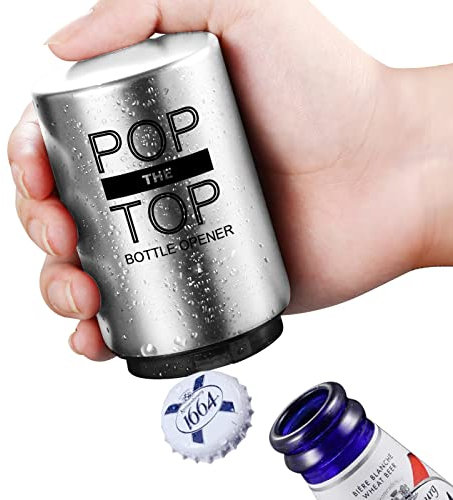 Pop The Top Bottle Opener, Automatic Beer Bottle Opener with Magnetic Cap Catcher, Push&Pop Stainless Steel One Handed Bottle Openers for Bar Kitchen Home Restaurant Beer Gift
