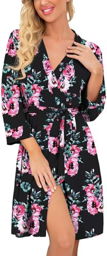 PrinStory Women Robes Lightweight Dressing Gowns Soft Kimono Robes Short Sleepwear Casual Knit Bathrobe Ladies Loungewear Homewear (Floral Print Black, M)