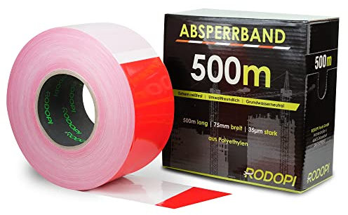 RODOPI Absperrband AreaGuard 500m x 75mm Flatterband rot weiß 50µm Warnband Reißfest Trassierband zum absperren von Baustellen Sperrband gestreift (1 Rolle (500m))