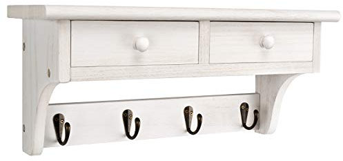 Emfogoo Kleiderhaken Wand, Rustikale Holz Wandgarderobe mit Ablage, 2 Schublade und 4 Metallhaken, Vintage Garderobenleiste für Flur, Eingang, Wohnzimmer, Schlafzimmer (Vintage Weiß)