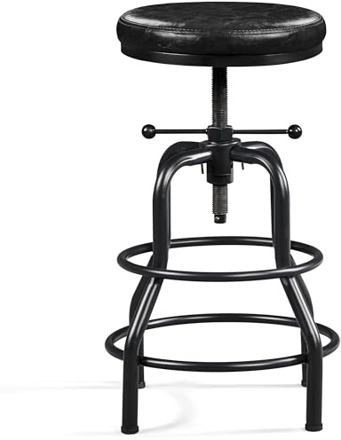 Yaheetech Taburete de Bar Industrial de Piel sintética Taburete Alto Redondo Ajustable en Altura con Dos reposapiés, Silla de Cocina con Marco de Metal para Cocina, Restaurante Bistrot Negro