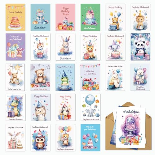 BIROYAL 27er Geburtstagskarten Kinder Set mit Umschlag - Happy Birthday Karte - Premium Glückwunschkarten Geburtstag als Postkarten Set - Geburtstagskarte für Kinder - Happy Birthday Card