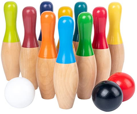 Bowling-Set aus Holz, Rasen-Bowling-Spiele, Holzbowling-Hinterhof, Kegel, Hof-Spiel-Set mit 10 Pins, 3 Bällen und Netztasche für Kinder, Erwachsene, drinnen und draußen (A)